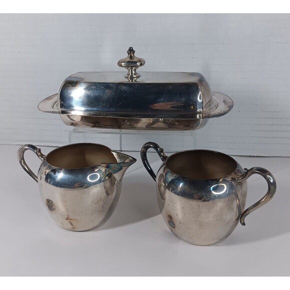 Wallace Silverplate Lot Creamer Sugar Bowl Butter Tray Dish With Glass Insert - Picture 2 of 13